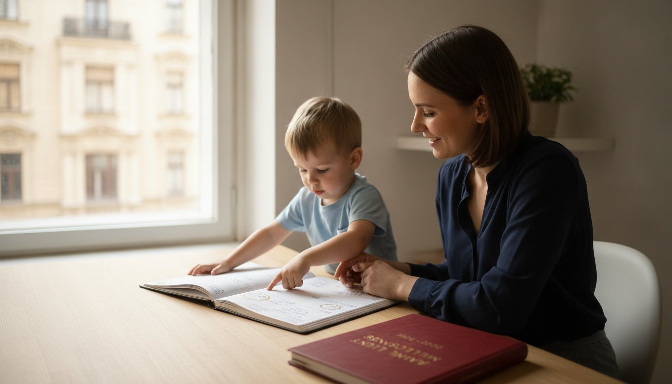 Mother and toddler study together at a window-side table, looking at an open notebook with the child pointing at the pages.